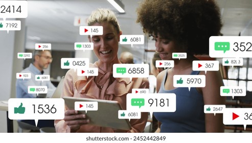 Image of social media data processing over diverse business people in office. Global business, finances, computing and data processing concept digitally generated image.