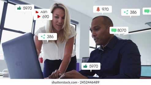 Image of social media data processing over diverse business people in office. Global computing, digital interface and data processing concept digitally generated image. - Powered by Shutterstock