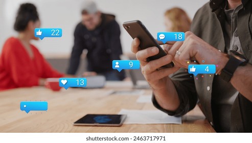 Image of social media data processing over caucasian businessman using smartphone. Global social media, business, finances, computing and data processing concept digitally generated image. - Powered by Shutterstock - Get 15% off with code: PIKWIZARD15
