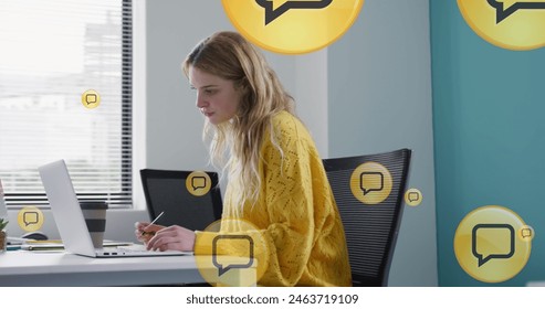 Image of social media data processing over caucasian businesswoman using laptop. Global social media, business, finances, computing and data processing concept digitally generated image.