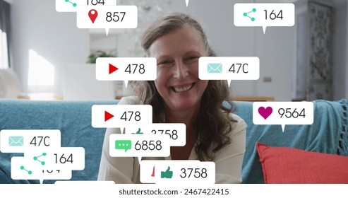 Image of social media data processing over caucasian businesswoman on image call. Global social media, business, finances, computing and data processing concept digitally generated image. - Powered by Shutterstock