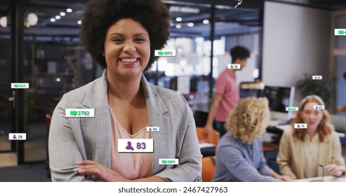 Image of social media data processing over diverse business people in office. Global social media, business, finances, computing and data processing concept digitally generated image. - Powered by Shutterstock