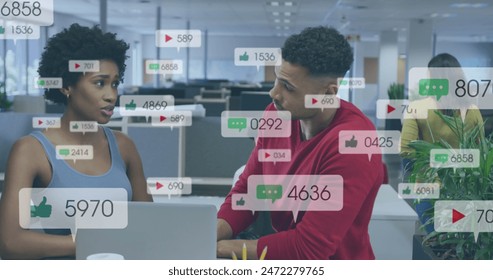 Image of social media data processing over diverse business people in office. Global business, finances, computing and data processing concept digitally generated image. - Powered by Shutterstock