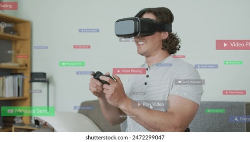 Image of social media data processing over caucasian man using vr headset. Global computing, digital interface and data processing concept digitally generated image.