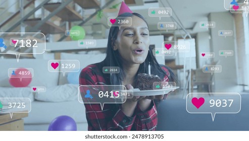 Image of social media data processing over biracial woman with birthday cake. Global social media, connections, computing and data processing concept digitally generated image. - Powered by Shutterstock