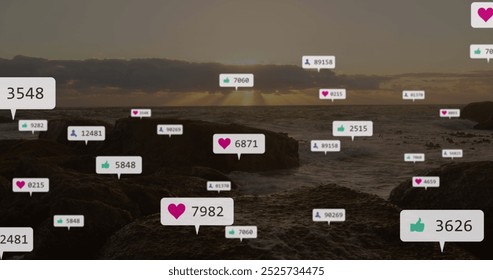 Image of social media data processing over landscape. Global social media, computing and data processing concept digitally generated image.