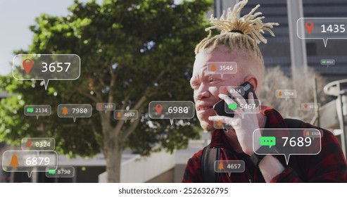 Image of social media data processing over albino man using smartphone in city. Global computing, digital interface and data processing concept digitally generated image. - Powered by Shutterstock