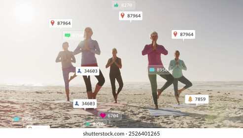 Image of social media data processing over diverse women exercising on beach. Global fitness, networks, computing, digital interface and data processing concept digitally generated image. - Powered by Shutterstock