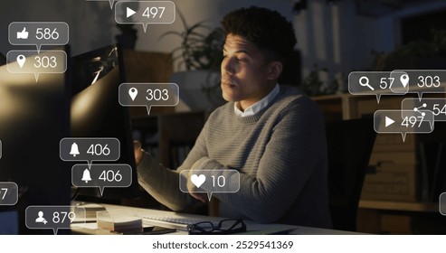 Image of social media data processing over biracial businessman on image call. Global connections, business, finance, data processing and digital interface concept digitally generated image.