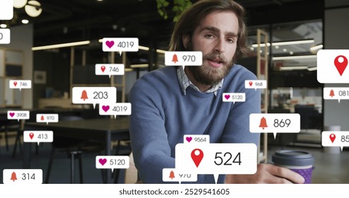 Image of social media data processing over caucasian businessman on image call. Global connections, business, finance, data processing and digital interface concept digitally generated image.