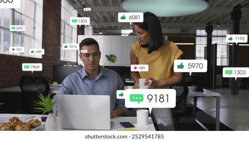 Image of social media data processing over diverse business people talking. Global connections, business, finance, data processing and digital interface concept digitally generated image.