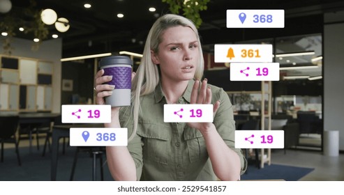 Image of social media data processing over caucasian businesswoman on image call. Global connections, business, finance, data processing and digital interface concept digitally generated image. - Powered by Shutterstock