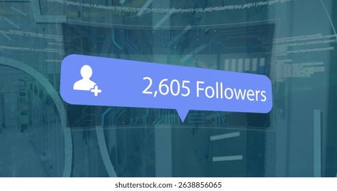 Image of social media followers notification and data processing over computer server room. Global communication, social media, data and digital interface concept digitally generated image.