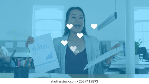 Image of social media icon and changing numbers over woman wearing phone headset. Global learning science data processing technology and connection concept digitally generated image.