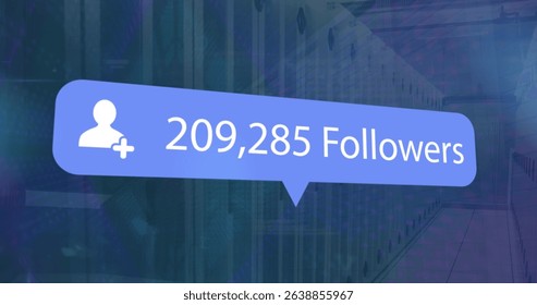 Image of social media icon and numbers over computer servers. Global social media, computing and data processing concept digitally generated image.
