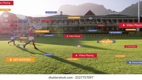 Image of social media icons against team of diverse male soccer players running in a stadium. Social media networking and sports tournament concept - Powered by Shutterstock