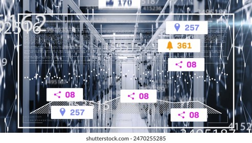 Image of social media icons, changing numbers and data processing against computer server room. Social media networking and business data storage technology concept