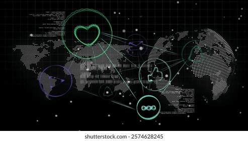 Image of social media icons and data processing over globe and world map on dark background. Global finance, business, connections, computing and data processing concept digitally generated image.