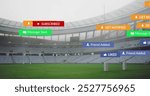 Image of social media icons floating against empty rugby sport stadium. Social media networking and sports tournament concept