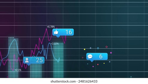 Image of social media icons floating over statistical data processing against green background. Social media networking and business data technology concept