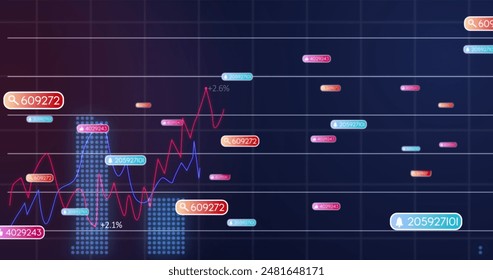 Image of social media icons floating over statistical data processing against blue background. Social media networking and business data technology concept