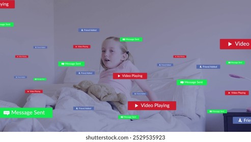 Image of social media icons floating over caucasian girl waking up in the bed at home. Social media networking technology concept - Powered by Shutterstock