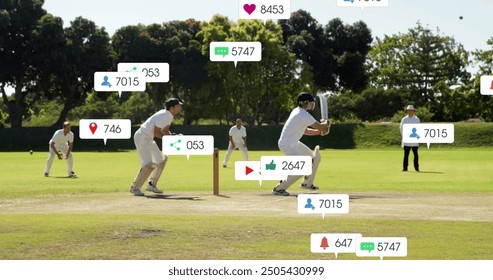 Image of social media icons with growing numbers over diverse male cricket players. Global social media, sports, communication and digital interface concept digitally generated image. - Powered by Shutterstock