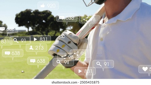 Image of social media icons with growing numbers over caucasian male cricket player. Global social media, sports, communication and digital interface concept digitally generated image. - Powered by Shutterstock