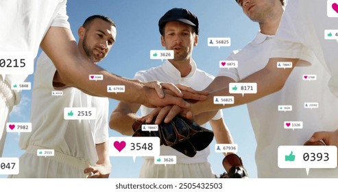 Image of social media icons with growing numbers over diverse male cricket players teaming up. Global social media, sports, communication and digital interface concept digitally generated image. - Powered by Shutterstock