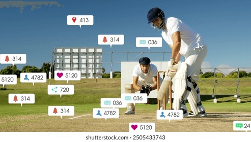 Image of social media icons with growing numbers over caucasian male cricket players. Global social media, sports, communication and digital interface concept digitally generated image. - Powered by Shutterstock