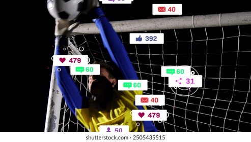 Image of social media icons with growing numbers over caucasian male football player. Global social media, sports, communication and digital interface concept digitally generated image. - Powered by Shutterstock