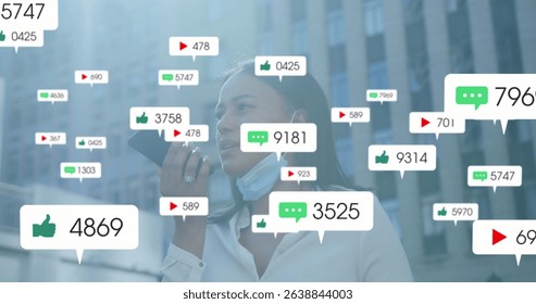 Image of social media icons with growing numbers over african american woman using smartphone. Global social media, technology and digital interface concept digitally generated image.