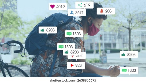 Image of social media icons with growing numbers over african american man using smartphone. Global social media, technology and digital interface concept digitally generated image.