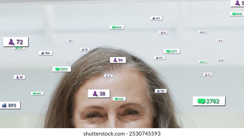 Image of social media icons and numbers over caucasian woman at home. Global social media, data processing and digital interface concept digitally generated image.