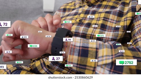 Image of social media icons and numbers on white banners over man checking smartwatch. global networking, social media, technology and digital interface concept digitally generated vide - Powered by Shutterstock