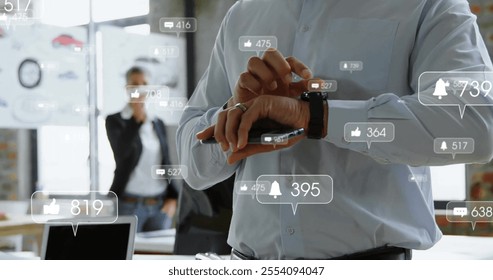 Image of social media icons with numbers over caucasian businessman using smartwatch. Global communication, social media, connections and digital interface concept digitally generated image. - Powered by Shutterstock