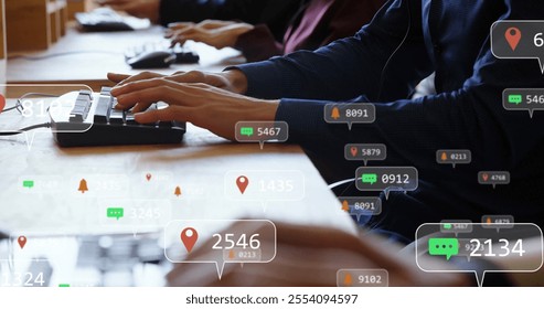 Image of social media icons with numbers over diverse colleagues typing on keyboards. Global communication, social media, connections and digital interface concept digitally generated image. - Powered by Shutterstock