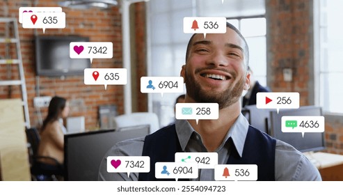 Image of social media icons with numbers over biracial businessman in office. Global communication, social media, connections and digital interface concept digitally generated image. - Powered by Shutterstock