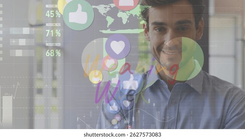 Image of social media icons and numbers over businessman and computer servers. Global business success connections and digital interface concept digitally generated image.