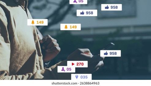 Image of social media icons and numbers over speech sick emojis with sick emojis and social media. Global data processing technology and digital interface concept digitally generated image.