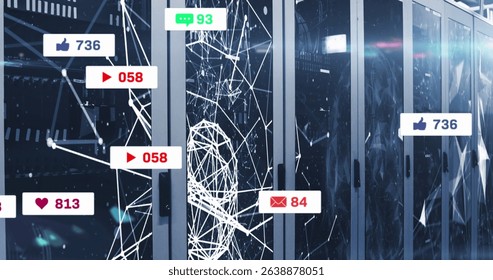 Image of social media icons and numbers and network of connections over computer servers. Global social media, computing, data processing and digital interface concept digitally generated image.
