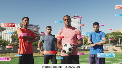 Image of social media icons on banners over football players on pitch. global online communication, digital interface and technology concept digitally generated image.