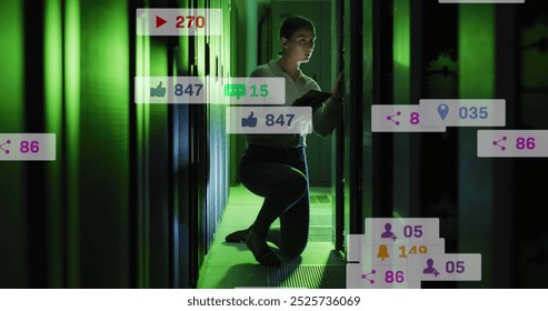 Image of social media icons over caucasian female engineer using digital tablet at server room. Social media networking and business data storage technology concept - Powered by Shutterstock