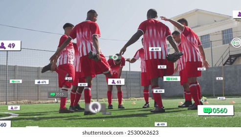 Image of social media icons over team of diverse male soccer players stretching on sports field. Social media networking and sports fitness concept - Powered by Shutterstock