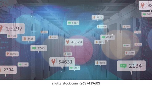 Image of social media icons over server room. Global connections, data processing and digital interface concept digitally generated image.