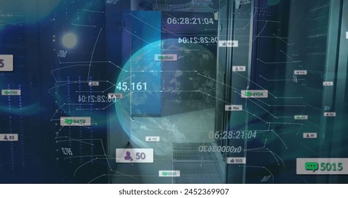 Image of social media icons, spinning globe and data processing against computer server room. Social media networking and business data storage technology concept