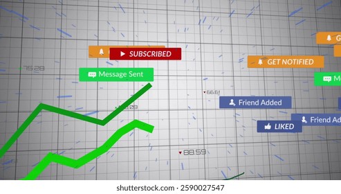 Image of social media icons with texts over data processing on white background. Global social media, computing and digital interface concept digitally generated image.