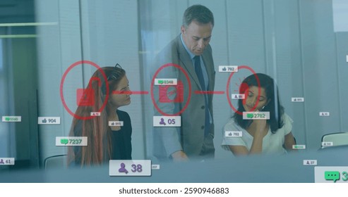 Image of social media notifications and media network over diverse colleagues at office meeting. Data, social network, digital interface, business and communication, digitally generated image.