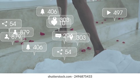 Image of social media notifications over biracial woman stepping into bathtub. Lifestyle, self care, relaxation, digital interface, social network and communication, digitally generated image. - Powered by Shutterstock