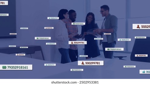 Image of social media notifications over diverse colleagues talking at casual office. Digital interface, social network, connection, business and communication, digitally generated image. - Powered by Shutterstock